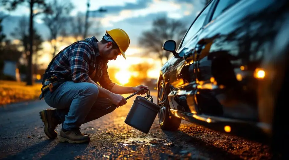 Professional towing technician safely unlocking a vehicle door for a stranded driver in Arvada under warm evening light.