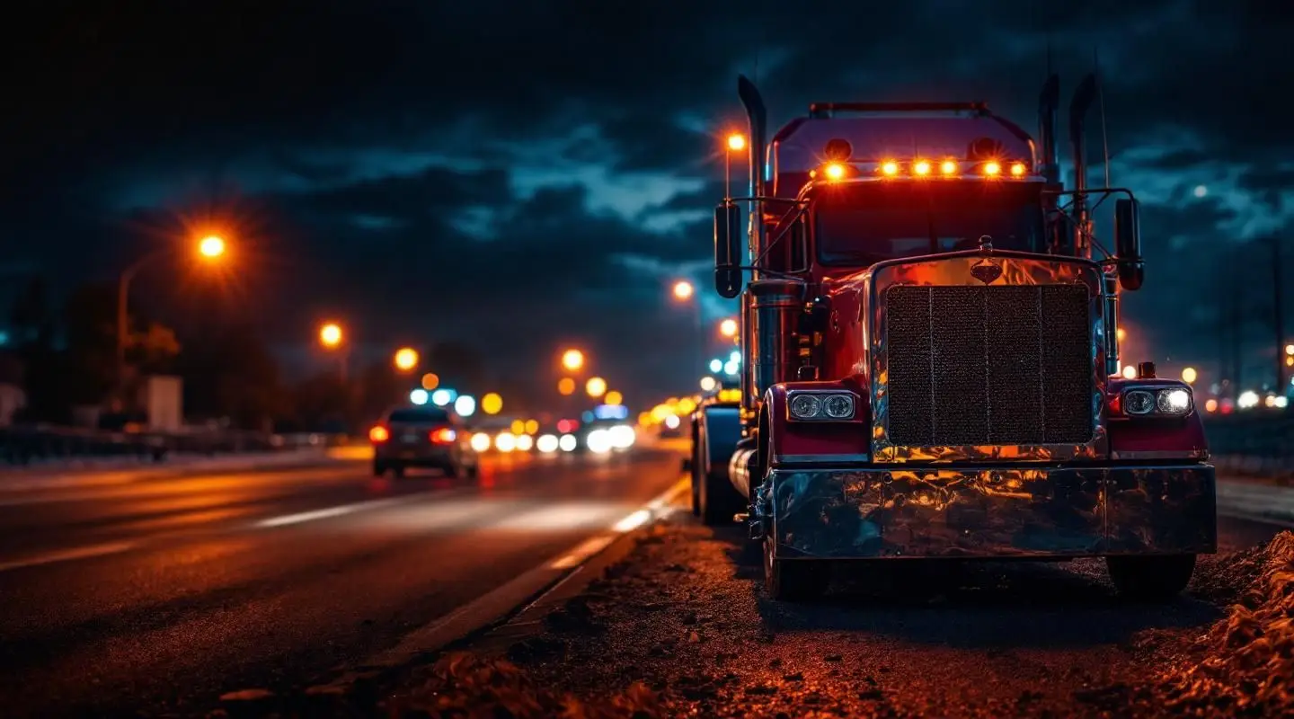 A Snappy Towing flatbed truck with amber safety lights assisting a disabled vehicle on the Lynnway at night in Lynn.