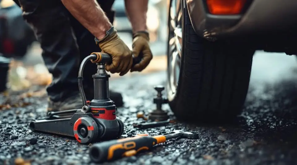 A professional Snappy Towing technician using a floor jack to change a flat tire on a busy Lynn roadside at dusk.